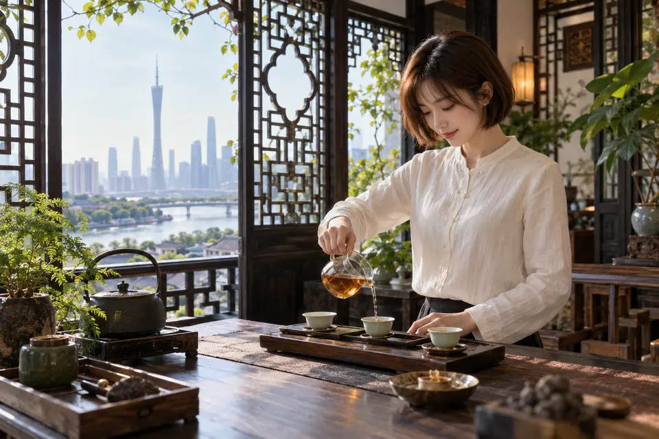 花窗前冲泡空间,公道杯置于茶席中央