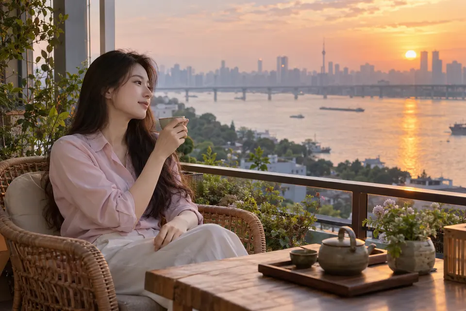江边阳台夕照下，玻璃杯中茶汤透亮