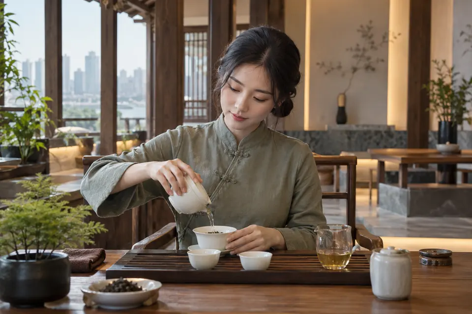 新中式茶席上盖碗冲泡的动作特写