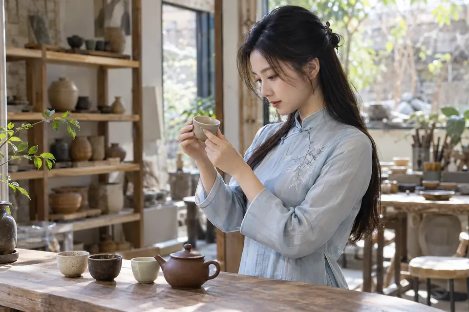 双手捧起陶杯观察釉色与杯型